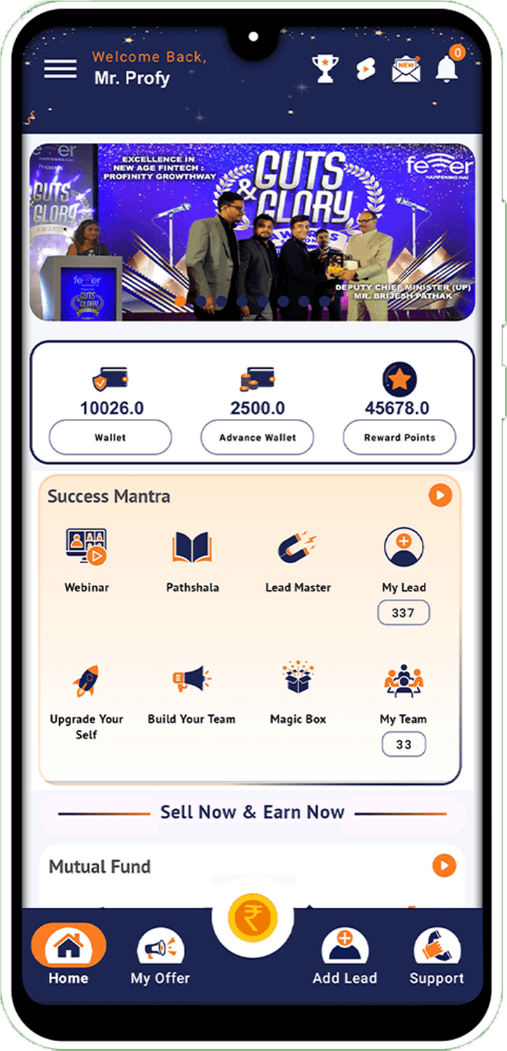 Profinity app home screen with wallet, advance wallet and reward point balances, and Success Mantra tools