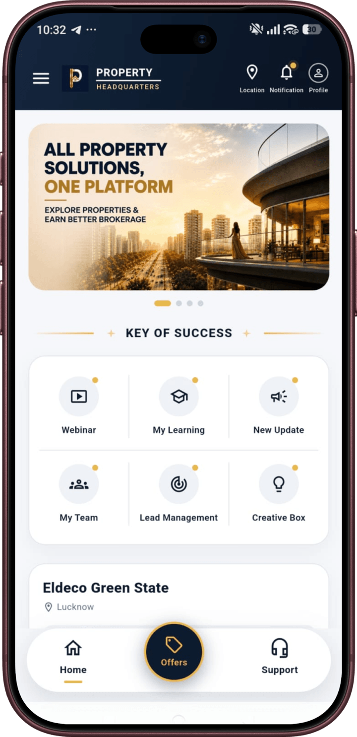 Property Headquarters app home screen with property banner, Key of Success tools and project listings